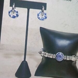 Blue and White Porcelain Charm Bracelet and Earrings Set